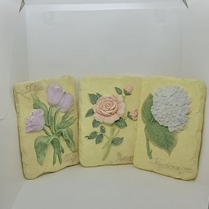 Set 3 Wall Placques Floral  Tulip Rose Hydrangea New